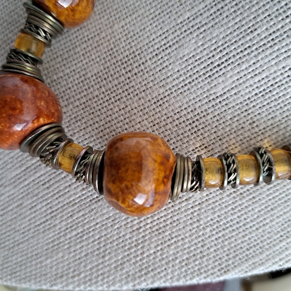 Amber Earth Tone Artisan Beaded Necklace Ceramic Metal Glass on Cord 17 in - Picture 3 of 5